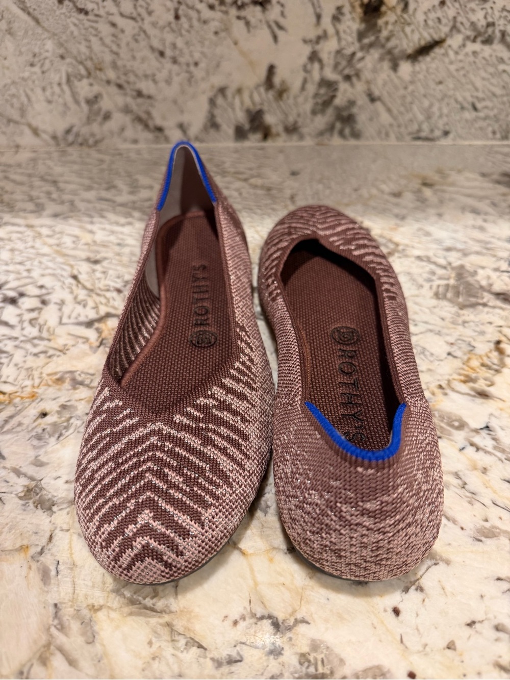 Rothy's Knit Slip-On Flats in Mauve with Blue Trim Metallic Cute!